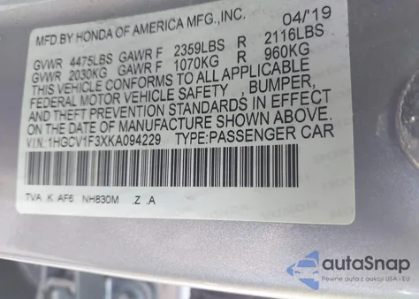 2019 Honda Accord Sport из США, поврежденный, VIN 1HGCV1F3XKA094229